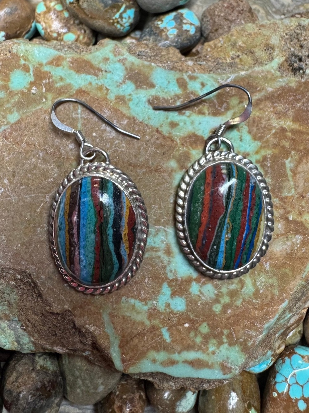 Handcrafted rainbow Casilica Multicolor Striped Stone Oval Drop Earrings